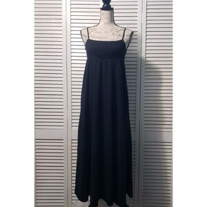 Zara Sleeveless Midi Dress Women's XS Black Smocked Bodice Viscose Linen Blend